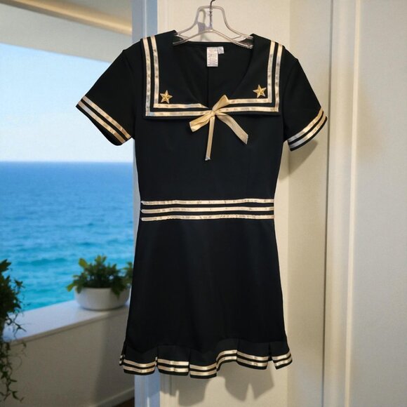 Sailor Halloween Costume Dress Hat Cuffs Navy Blue with Gold Trim Size Small - Picture 1 of 7